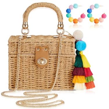 Imagem de Aliceset Bolsa vintage de vime boho de verão com brincos de vime, sacola de palha de praia com ornamentos de borla, alça, corrente e argola de bola de ráfia, brincos pendentes para mulheres joias de