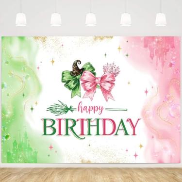 Imagem de MEHOFOND 2,1 x 1,5 m pano de fundo verde e rosa Happy Birthday Castelo de Princesa Bruxa Aquarela Pastel Fantasia Tema Decorações de Festa de Aniversário Dourado Glitter Real Suprimentos de Festa de