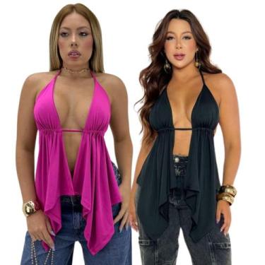 Imagem de Kit 2 Cropped Alçinha Boho Decotado Com Costas Nuas em Amarração Sexy 