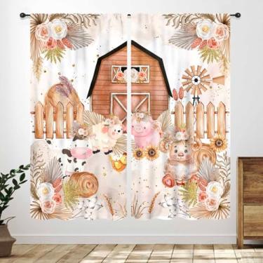 Imagem de Cortinas infantis de animais de fazenda, colorido, desenho animado, rústico, animal de fazenda, porco, vaca, ovelha, meninos, meninas, berçário, cortinas para quarto, sala de estar, janela, 2 painéis,