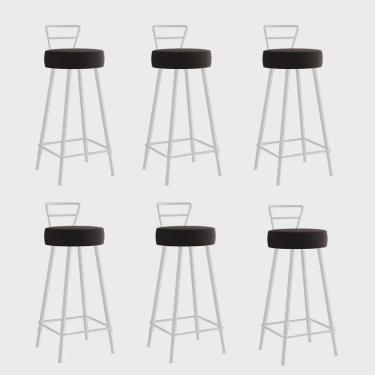 Imagem de Kit 06 Banqueta Alta Com Encosto Tina Eiffel Cozinha Bar Bistrô Ferro Branco Corino Marrom - Ahazzo Móveis