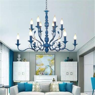 Imagem de OUFULA Candelabro Simples Americano LED Personalidade Criatividade Sala de Estar Restaurante Quarto Estudo Villa Hotel Café Bar Clothing Store Lâmpada Pendente (A Blue A 12 luzes)