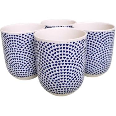 Imagem de Kit 4 Caneca de Chá Porcelana Flores Xicara Copo 150ml (Corações Azuis)