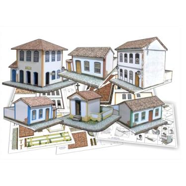 Imagem de Kit "A e B" conjunto 6 peças capela Sobrado e casas escala 1:87 + Manual para recortar e montar