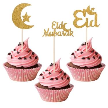 Imagem de 24 peças de topo de cupcake Eid Mubarak, enfeite de bolo estrela lua dourada com glitter Ramadã Kareem Topper Eid Palhetas de cupcake Eid Mubarak Decorações para festas temáticas muçulmanas islâmicas