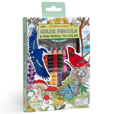 Imagem de eeBoo: Lápis de cor Biggies: insetos, pássaros e borboletas - 8 lápis grossos de dupla face e mini mural natural, detalhes em folha brilhante, apontador, crianças a partir de 3 anos