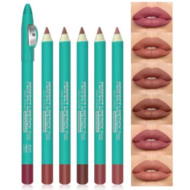 Imagem de Erinde Conjunto Com 6 Lápis Delineador Labial Nude Apontador, Pacote Da Série Matte Marrom Escuro Rosa Vermelho Malva, Batom À Prova D'Água De Longa Duração Para Maquiagem Diária Feminina