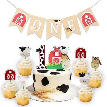 Imagem de ZZDCMS Artigos Para Decoração De Festa Aniversário Na Fazenda - Enfeite Vaca, Guirlanda Animais, Banner Fundo Celeiro, Conjunto Enfeites Cupcakes, Temáticos O Primeiro Ano, Feliz