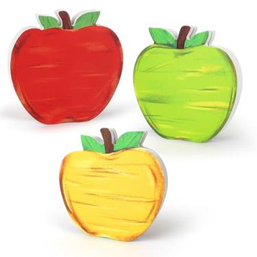 Imagem de 3 peças de placas de madeira de volta às aulas, porta-cartões retrô de madeira de maçã, bandeja de volta às aulas, decoração para o primeiro dia de aula, escritório (Apple)