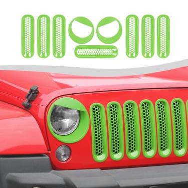 Imagem de SQQP Inserção De Grade Malha + Acabamento Para Farol E Luz Seta Estilo Angry Birds, Compatível Com Jeep Wrangler Jk Jku 2007-2018 (Verde)