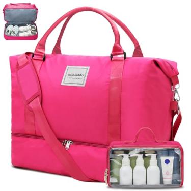 Imagem de WOOMADA Bolsa feminina de fim de semana, bolsa de viagem de ombro com compartimento para sapatos, bolsa de ginástica com bolsa de higiene pessoal, Rosa choque