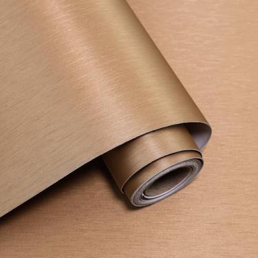 Imagem de Papel de parede metálico de latão acetinado para contato 40 x 300 cm, moderno, espesso, autoadesivo, removível, para armários de cozinha, bancadas, geladeira
