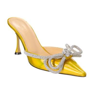 Imagem de MVIOBUY Sandália feminina com laço de strass e bico fino, moderno, com laço brilhante, fechada, costas nuas, saltos, sandálias de verão sem cadarço, Dourado, 38