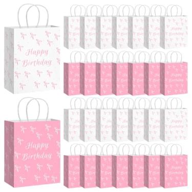 Imagem de Kolldenn Pacote com 30 sacos de papel de festa de aniversário de laço rosa com alças Kraft sacos de embrulho de presente para lembrancinhas de festa de mercearia lanches suprimentos de decoração