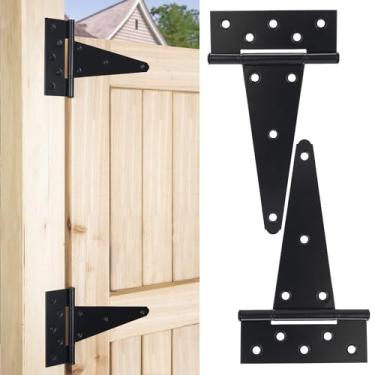 Imagem de Dobradiças de portão de 20 cm com tira em T, dobradiças de porta de celeiro resistentes, dobradiças pretas para cerca de madeira, portão de quintal, ferragem forjada, ferro à prova de ferrugem (pacote