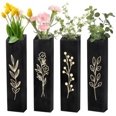 Imagem de Peacoblue Vaso de parede de madeira, pacote com 4 vasos de parede com bolso interno, decoração para casa de fazenda, sala de estar, quarto, flores secas, plantas artificiais pretas