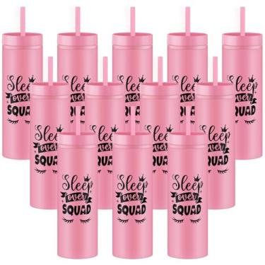 Imagem de FoldTier 12 peças de copos de festa do pijama com tampas e canudos, xícaras de café retas de plástico rosa de 473 ml para mulheres, canecas de viagem reutilizáveis para aniversário, sono, spa