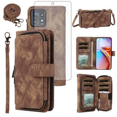 Imagem de Capa de celular para Motorola Edge+ Plus 2023/Edge 40 Pro 5G/Moto X40 Capa de celular carteira com protetor de tela de vidro temperado, alça transversal, suporte para zíper, compartimento para cartão