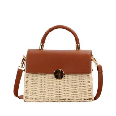 Imagem de Bolsa de vime tecida à mão, bolsa de praia flip de couro de verão, bolsa feminina de tecido de palha, Bege, One Size
