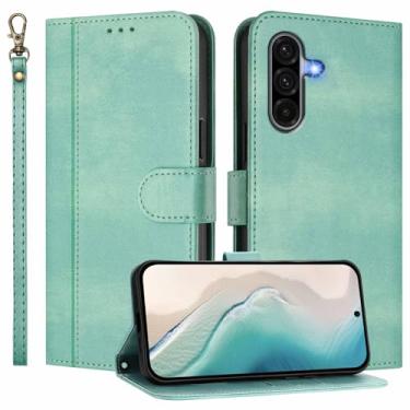 Imagem de JanCalm Capa carteira para celular Galaxy A36 5G, capa para Samsung A56, compartimentos para dinheiro, alça de pulso, capa flip com suporte de design minimalista, proteção de couro PU premium (menta)