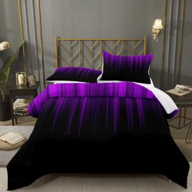 Imagem de YIXINZHUANJIN Conjunto de cama king size roxo e preto gradiente moderno, simples, Qulit, listrado, gótico, abstrato, edredom, 1 edredom e 2 fronhas - 238 x 261 cm
