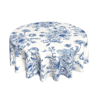 Imagem de JEFERSO Toalha de mesa floral azul 178 cm redonda azul e branca chinoiserie toalha de mesa vintage poliéster resistente a manchas capa de mesa redonda para festa, piquenique, cozinha, jantar