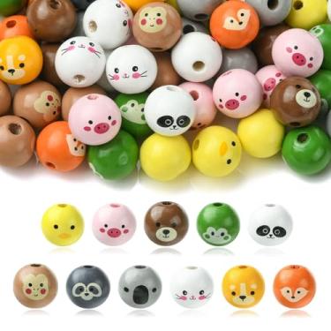Imagem de UR URLIFEHALL 110 peças, 11 estilos, animais fofos, contas de madeira, urso, porco, coelho, raposa, contas espaçadoras soltas redondas para decoração de festa de quarto faça você mesmo, bandeja
