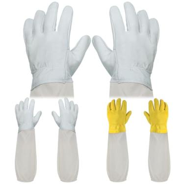 Imagem de ANPHSIN 2 Pares De Luvas Longas Pele Cabra Para Apicultores - Couro Grosso E Protegido Com Mangas Lona Respiráveis, Punhos Elásticos, Suprimentos, Branco/Amarelo (Gg)