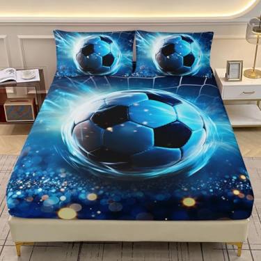 Imagem de AILONEN Jogo de lençol solteiro de futebol 3D, tamanho GG, futebol brilhante, 3 peças, tema esportivo de bola azul, lençol com elástico com 2 fronhas