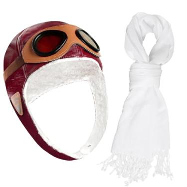 Imagem de Pistha Pilot Aviator Costume for Kids Retro Aviator Hat Pilot Hat with Goggles and Withe Scarf for Birthday Party Halloween Cosplay, Red