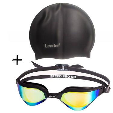 Imagem de Óculos Natação Pro Speed Espelhado E Touca Preta Leader