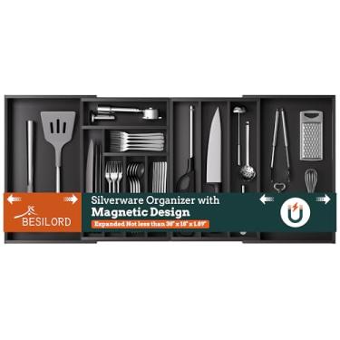 Imagem de Organizador de talheres grande, magnético conectado, expansível com 11 compartimentos, organizador de gaveta de talheres de 53 a 94 cm, suporte ajustável para talheres e talheres, bandeja de