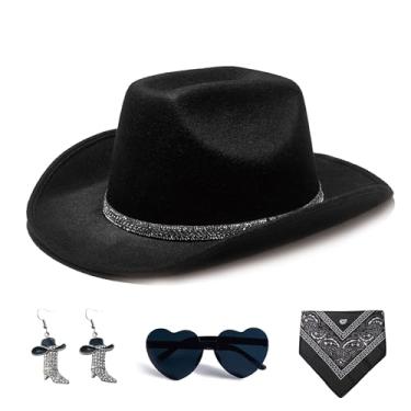 Imagem de SEPTPARTY Conjunto de chapéu de cowboy feminino de feltro sintético com glitter para fantasia de festa ocidental, Camurça preta, M