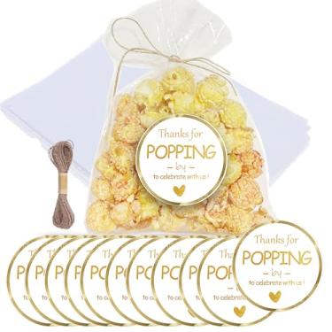 Imagem de MKISHINE Conjunto de 50 sacos de pipoca para chá de bebê, etiquetas de agradecimento, sacos transparentes para lembrancinhas de pipoca com cordão, sacos de guloseimas de celofane para lembrancinhas de