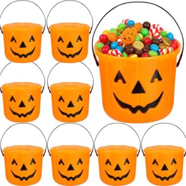 Imagem de 12 pacotes de baldes de doces de Halloween, baldes de plástico Jack-O-Lantern de 18 cm x 14 cm com alça, cestas de abóbora laranja para doces ou travessuras, suprimentos e decorações de festa de