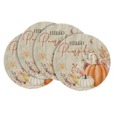 Imagem de Artoid Mode Jogo americano redondo de madeira, laranja, abóbora, colheita, outono, conjunto com 4, 35 cm, para decoração de jantar