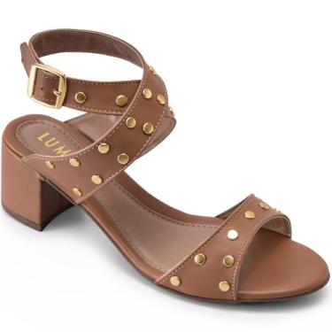 Imagem de Sandália Feminina Lumiss Salto Baixo Bloco Confortável Bico Redondo Tachas Dourada amêndoa34