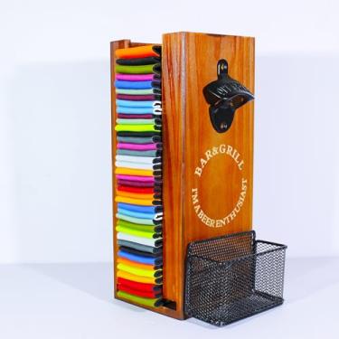 Imagem de LEIRUOTM Suporte para refrigerador de latas 3 em 1 com abridor de garrafas, organizador e dispensador de latas de cerveja de madeira, lata de cerveja montada na parede e armazenamento de refrigerador