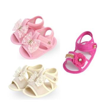 Imagem de Sapatinho Bebê Kit 3 Pares Sandália Menina Laço Renda KIT179 - Nina Ba