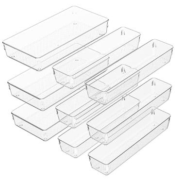 Imagem de ihomecooker Conjunto organizador de gaveta de plástico transparente, bandeja de armazenamento de gaveta de cozinha, divisória de tamanho grande para utensílios, maquiagem, cosméticos, cômoda, 3