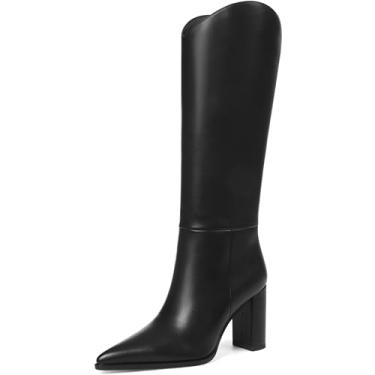Imagem de SaraIris Botas femininas pretas na altura do joelho, cano largo, salto alto, bico fino, confortável, casual, 1 PU preto, 40