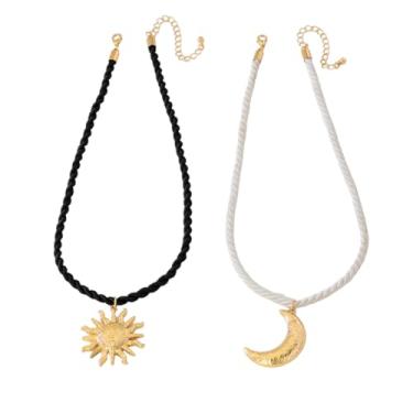 Imagem de Colar com pingente de compromisso de sol e lua combinando para ele e ela, conjunto banhado a ouro, preto, branco, crescente, celestial, corrente de corda, colar ajustável para casamento, dia dos