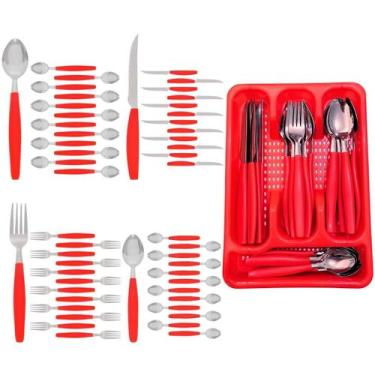 Imagem de Kit Faqueiro Berlim Vermelho Inox 48 Pçs C/ 2 Porta Talheres - EM CASA