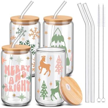 Imagem de SiliFine 4 peças de copos de vidro de Natal com tampas e canudos 473 ml Copos de café gelado de Natal em forma de lata copo para presente de agradecimento de Natal, lembrancinhas de festa de