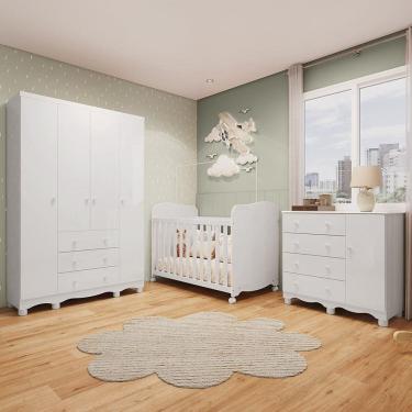 Imagem de Quarto de Bebê Completo com Guarda-roupa 4 Portas Cômoda e Berço 100% Mdf Mimo Espresso Móveis Branco Brilho