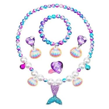 Imagem de Kit Acessórios Colar Brinco Pulseira Anel Sereia Infantil (Roxo)