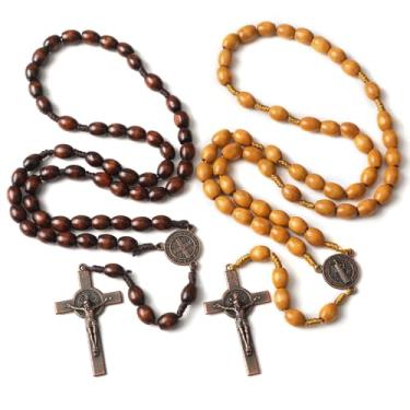 Imagem de VZZNN Pacote com 2 rosários feitos à mão, rosários católicos de madeira - com medalha de solo sagrado de Jerusalém e rosário cristão de cruz de metal para mulheres e homens, joia unissex presente com