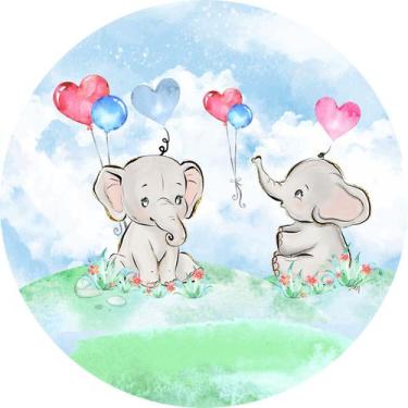 Imagem de Painel de Lona Redondo Elefantinhos Aquarela Balões e Flores - Fabrika