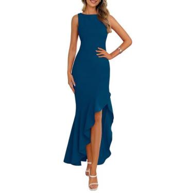 Imagem de Vestido maxi feminino PRETTYGARDEN com babados de verão azul sereia