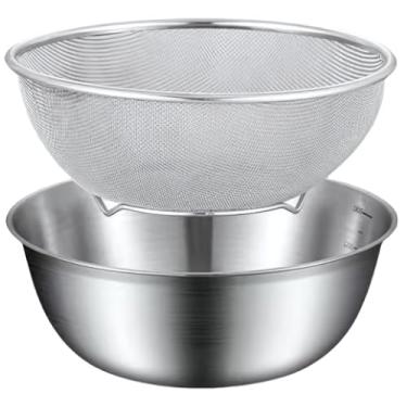 Imagem de Conjunto de coadores de cozinha de aço inoxidável, inclui tigela e peneira de malha fina, cesta de filtro de malha resistente para uso na cozinha, pode ser lavada na lava-louças, ideal para lavar